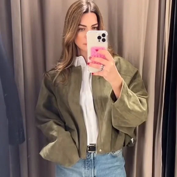 ZARA Faux Suede Bomber Jacket - Picture 6 of 7
